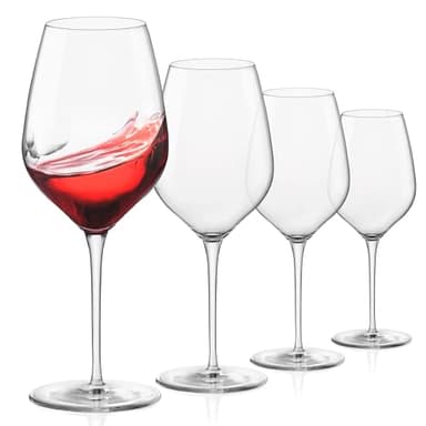 Bormioli Rocco InAlto Tre Sensi Large Wine Glasses Set of 4, 18.5 Oz. Lead-Free Crystal Stemware for Red Wine, Laser Cut Rim & One-Piece Pulled Stem, Clear Italian Glass Design