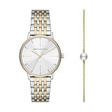 A｜X Armani Exchange Women's Silver and Gold Two-Tone Stainless Steel Bracelet Watch and Gold Bracelet Gift Set (Model: AX7156SET)