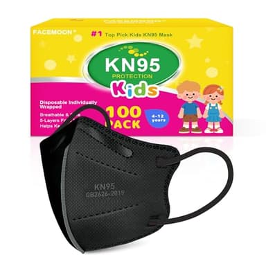 KN95 Face Mask Disposable Kids – KN95 Masks Individually Wrapped 100 Pack for Kid Age 4-12, Adjustable Ear Loops, Breathable Dust Protection, GB2626-2019 Standard, Filter Efficiency≥95%, Black