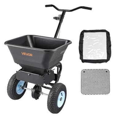VEVOR Broadcast Spreader, 100LBS Capacity, Walk-Behind Push Spreader, 0-9.8ft Spreading Width, 13 in All Terrain Pneumatic Tires, Fertilizer Spreaders with Hopper Grate, for Seed Salt Ice Melt
