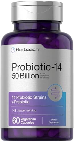 Horbaach Probiotics for Women and Men | 60 Capsules | 14 Probiotic Strains with Prebiotic | 50 Billion Active Organisms | Non-GMO & Gluten Free Supplement