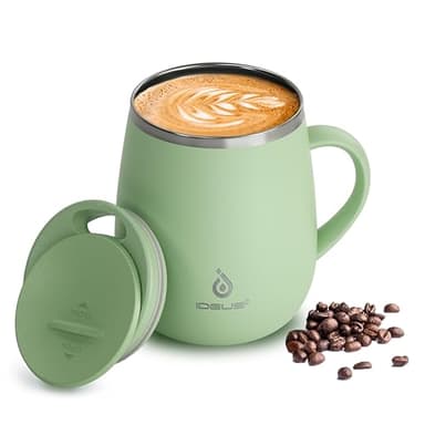 Ideus 16 oz Insulated Coffee Mug with Handle and Lid, Double Wall Stainless Steel Vacuum Thermal Coffee Mug, Travel Coffee Cup Thermal Cup for Home and Office, Avocado Green