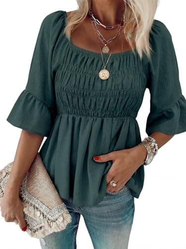 HEYTALALA Womens 3/4 Sleeve Tops Dressy Casual Square Neck Summer Peplum Blouses Ruffle Sleeve Babydoll Shirts 2025 Trendy Dark Green XXL