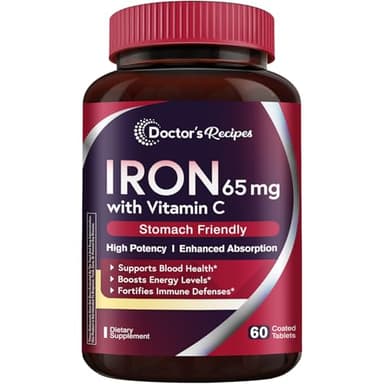 Doctor's Recipes Iron Supplement 65 mg with Vitamin C - Maximized Absorption & Stomach Friendly Iron Pills for Red Blood Cells Formation, Heart, Brain & Immunity Health - Vegan Non-GMO 60 Iron Tablets