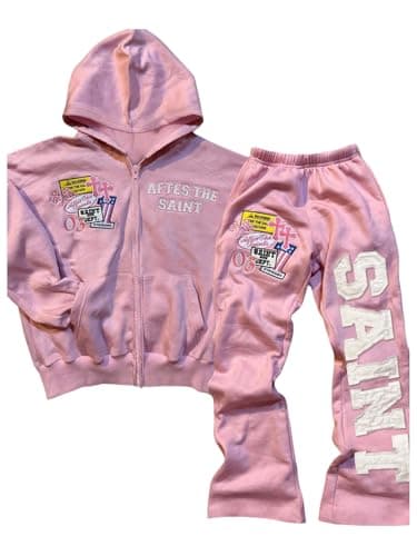 SOLY HUX Women's 2 Piece Outfits Y2k Letter Graphic Zip Up Long Sleeve Hoodie Sweatshirt and Pants Set Streetwear Pink Letter Medium