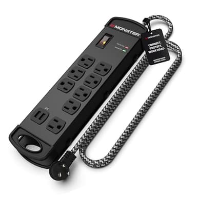 Monster Pro MI Surge Protector Power Strip, 8 Outlets, 2 USB Ports, 240V, 1960 Joules, 15 ft Cord, Type B Plug, Black, Metal Enclosure