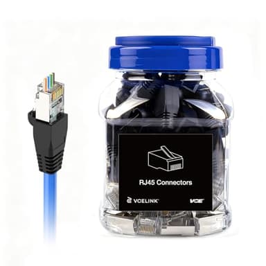 VCE Cat6 Shielded RJ45 Pass Through Connectors with RJ45 Strain Relief Boots (Black) 50-Pack, Cat 6a/6/5e End, Gold Plated 3 Prong Ethernet Modular Plug for Solid or Stranded STP/FTP Network Cable