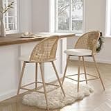 TYBOATLE 26'' BarStools Set of 2 w/Rattan Backrest, Swivel Counter Height Bar stools w/Metal Legs, Modern Mid-Century Boho Bar stools with Faux Leather for Kitchen Island, Dining Room, White