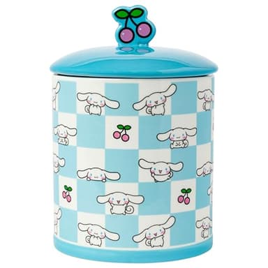 Silver Buffalo Sanrio Hello Kitty and Friends Cinnamoroll Cherries Blue Checkered Ceramic Cookie Snack Jar (Large)