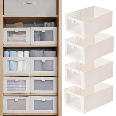 Pradnel Linen Closet Organizers And Storage, 4 Pack Storage Bins Baskets for Organization Foldable Organizer with Clear Window Organizing Clothing, Jeans, Shelves