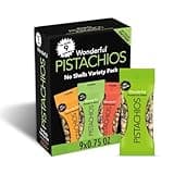 Wonderful Pistachios No Shells, 3 Flavors Mixed Variety Pack of 9 (0.75 Ounce), Roasted & Salted Nuts (4), Chili Roasted (3), Honey Roasted (2), Protein Snacks, Gluten Free, Pantry Staples, Healthy Snacks Variety Pack for Adults