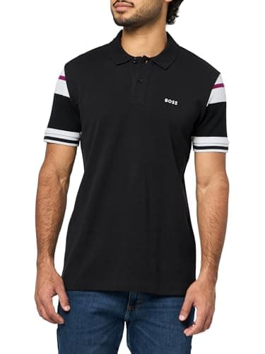 BOSS, Stripe Sleeve Interlock Cotton Polo Shirt, Black Gloss, XL