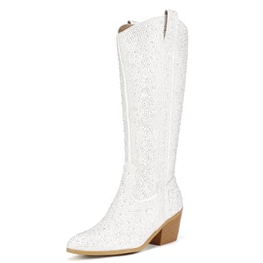 IDIFU IN3 Rhinestone Cowboy Boots for Women Knee High Western Cowgirl Boots Pointed Toe Block Chunky Heels Sparkly Glitter Long Tall Dress Booties Party Bling Shiny Boots(White Rhinestone, 7.5)