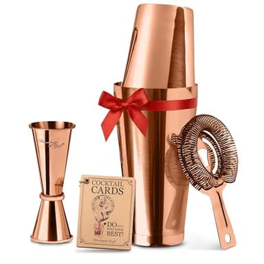 Mixology & Craft Cocktail Shaker Set Boston Shaker, Strainer and Japanese Jigger, Portable Bar Set for Home Bartending (Copper)
