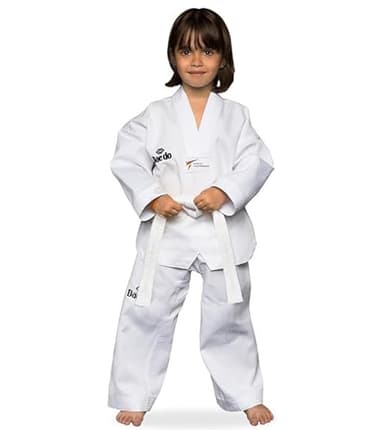 Daedo Taekwondo Beginner Uniform - WT Recognized, International Standards, White V-Neck, Includes Pants & Belt, Height - 100 cm