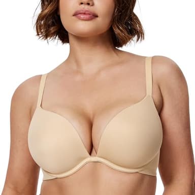 Wingslove Women's Push up T-Shirt Bra Deep-V Plunge Everyday Seamless Underwire Lightly Padded Bras Lift Up (Lightly Lined Nude,38G