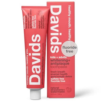 Davids Fluoride Free Kids & Adults Toothpaste, Teeth Whitening, Antiplaque, SLS (Sulfate) Free, Promotes Enamel Health, Mouth & Gum Detox, Natural Strawberry Watermelon, 5.25oz