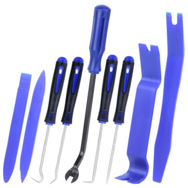 Xinodle 9Pcs Auto Trim Removal Tool Kit with Plastic Pry Tool, Fastener Clip Pliers, Car Interior Panel Door Window Removal Tools, Clip Remover Tool with Precision Hook and Pick Set for Automotive