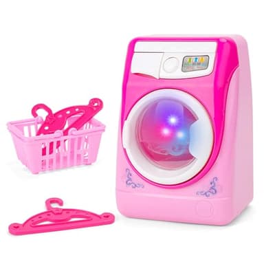 deAO Washing Machine Toy for Kids Dollhouse Furniture Pretend Play Household Appliance Laundry Play Set with Rotatable Roller for Boys Girls