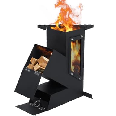 Rocket Stove with Glass Window, Portable Wood Burning Stove for Outdoor Cooking, Heavy Duty Camping Grill, Backyard Cooking Wood Fire Stove for Emergency Survival and Preparedness