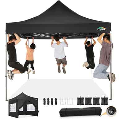 COBIZI 10x10 Pop Up Canopy Tent with 4 sidewalls Commercial Heavy Duty Canopy UPF 50+ All Weather Waterproof Outdoor Canopy Wedding Tents for Parties Gazebo with Roller Bag, Black (Windproof Upgraded)