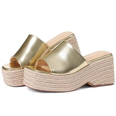 EQAUDES Platform Sandals Women Gold Summer Espadrilles Wedges Beach Raffia Comfortable Open Toe Cute Dressy Slides Outdoor Resort Wear Vacation Shoes