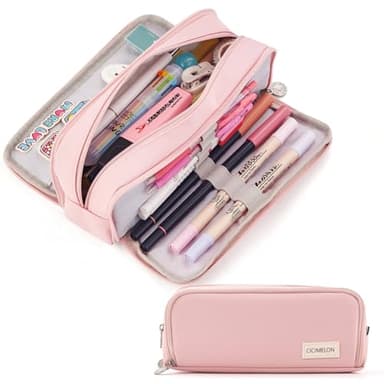 CICIMELON Large Capacity Pencil Case 3 Compartment Pouch Pen Bag for School Teen Girl Boy Men Women (Pink)