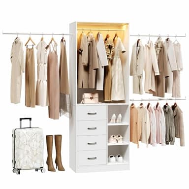 HOOBRO Closet System with Drawers, 9FT Closet Organizer with 3 Extendable Hanging Rods, Walk-in Wardrobe Closet System Organizer with Open Compartments, LED Light Strip for Bedroom Cloakroom, White