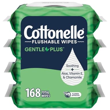 Cottonelle GentlePlus Flushable Wet Wipes with Aloe & Vitamin E, 4 Flip-Top Packs, 42 Wipes Per Pack (168 Total Wipes), Packaging May Vary