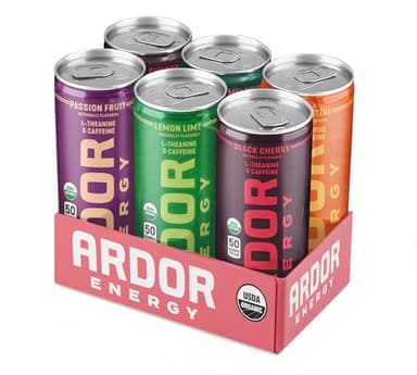 ARDOR ENERGY Natural Sparkling Energy Drink with 100mg Natural Caffeine & 200mg L-Theanine from Organic Green Tea for Smooth Energy & Focus | Healthy Energy Drink | Made with Real Fruit Juice | No Artificial Sweeteners, Just 50 calories, Vegan, Gluten-Free | Variety Sampler (Pack of 6, 12oz cans)