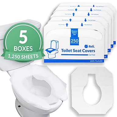 Reli. Toilet Seat Covers (1250 Pcs, 5 Packs of 250) | Disposable Toilet Seat Cover - Flushable - 14x16" (Half-Fold) | Paper Liners for Restroom, Bathroom, Travel, Camping, Kids Potty Training