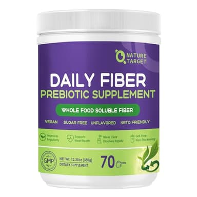 NATURE TARGET Daily Fiber Supplement - Soluble Prebiotic Fiber Powder for Gut Health, Whole Food High Fiber for Digestive Health & Regularity, Unflavored, Gluten & Sugar Free, Keto - 70 Servings