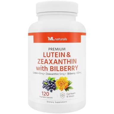 ML Naturals Premium Lutein & Zeaxanthin with Bilberry 120 Vegetable Capsules. Lutein 40 mg, Zeaxanthin 5 mg, and Bilberry 100 mg. Healthy Eyes & Vision, NSF-Certified & cGMP-Compliant Facility