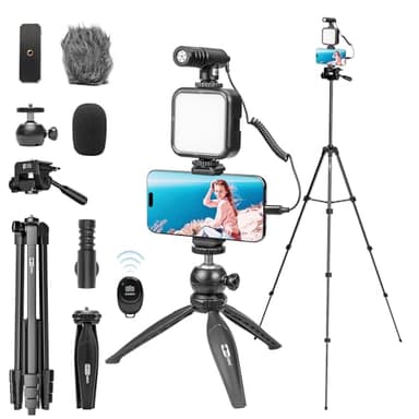 USKEYVISION Vlogging Kit for iPhone Youtuber Starter Kit Content Creator Equipment for iPhone 16/15Pro Max with 59'' Extendable Fullsize Tripod, LED Light,Shotgun Mic Video Recording(Vlog K4)