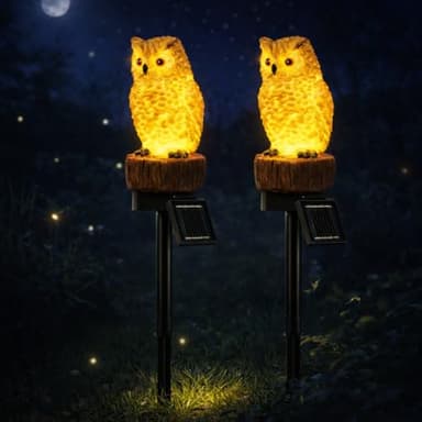 iStatue 2PC Solar Owl Garden Stake Lights, Handcrafted Resin Owl Outdoor Decor with Soft Warm Light, Solar Powered Lawn & Pathway Accent Gardening Gift (2-Pack, Owl)