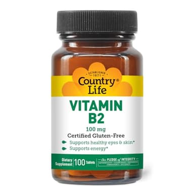 Country Life Vitamin B2 100mg Riboflavin Supplement – Boosts Energy Production & Supports Cell Function, Gluten-Free, Vegan, Kosher, Halal – no preservatives, GMO or Artificial Flavors, 100 Count
