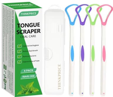 Tongue Scraper Cleaner 100% BPA Free Tongue Scrapers with Travel Handy Case for Adults, Kids, Healthy Oral Care, Easy to Use, Help Fight Bad Breath (4 PACK)