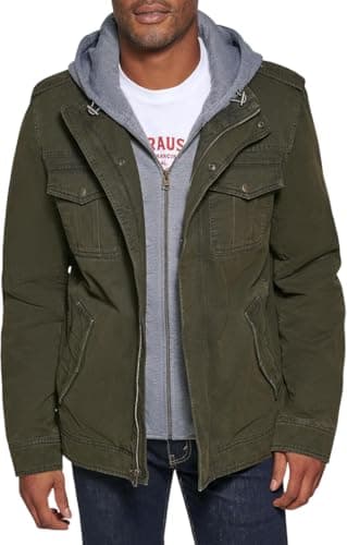 Levi's Men's Washed Cotton Military Jacket with Removable Hood (Standard and Big & Tall), Olive, Medium
