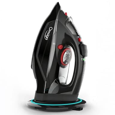 OMAIGA Cordless Iron for Clothes, 1500W Steam Iron with Non-Stick Ceramic Soleplate, Auto Shut Off, Self-Clean, Burst of Steam, Anti-calc, 3 Temperature Settings, 11.84oz Water Tank, Black