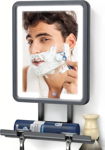 DeLanges LED Shower Mirror Fogless for Shaving - Heated Fog Free, 3 Dimmable Lights, 360° Adjustable, Rechargeable, Drill Free - with Storage Tray, Razor & Shaving Brush Holders,Gifts for Men