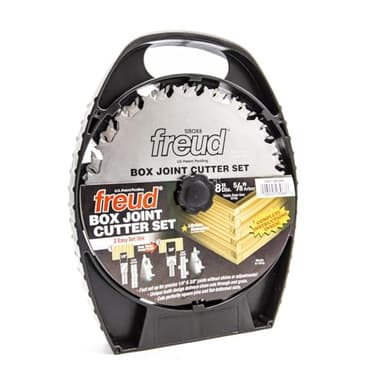 Freud 8" Box Joint Cutter Set with Tico Hi-Density Carbide for Perfect Square Joints - Includes 2 Blades, 1/4" & 3/8" Groove Widths, 5/8" Arbor, Anti-Kickback Design - SBOX8