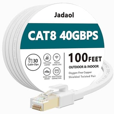 Jadaol Cat 8 Ethernet Cable 100ft (30.48m), 40Gbps 2000MHz Flat S/FTP LAN Patch Cable, High-Speed Cat8 Network Cable for Router, Modem, Switch, Gaming Consoles, PC, Smart TV & Streaming Devices, White