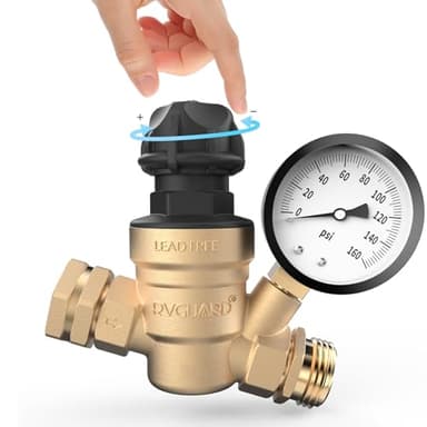 RVGUARD RV Water Pressure Regulator Valve With An Adjustable Knob, Tool-Free, Lead-Free Brass Water Pressure Reducer with Gauge and Inlet Screen Filter for RV Camper Travel Trailer