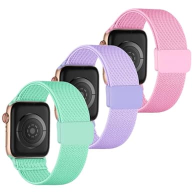 Stretchy Band Compatible with Kids Apple Watch Band, Soft Nylon Braided Strap with Adjustable Snap-On Clasp for iWatch Series 9 8 7 6 5 4 3 2 1 SE (38/40/41mm, Teal+Purple+Pink)