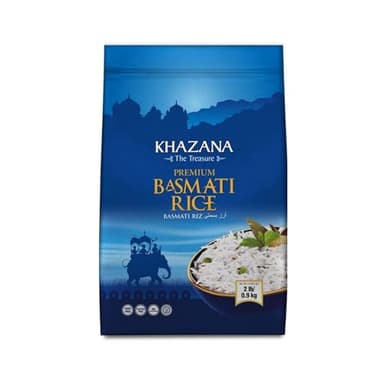 Khazana Authentic Premium Basmati Rice - 2lb Resealable Zipper Bag | Non-GMO, Gluten-Free, Kosher & Cholesterol-Free | Aromatic & Flavorful Grain From India