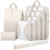 8 Set Compression Packing Cubes for Travel, Lightweight Compression Cubes for Suitcases, Expandable Suitcase Organizer with Shoes & Laundry Bags, Travel Accessories for Men Women, Beige