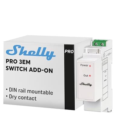 Shelly Pro 3EM Switch Add-On | Add-On Pro 3EM Dry Contacts DIN Rail Mounting | Home Automation | iOS Android app | No Hub Required | Solar Panels | Wind Turbines