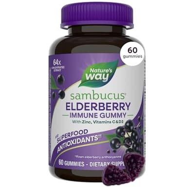 Nature’s Way Sambucus Elderberry Gummies, Immune Support Gummy for Adults & Kids Ages 4+ with Black Elderberry Extract, Vitamin C, Vitamin D3, and Zinc*, 60 Gummies