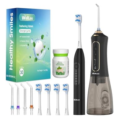 Cordless Water Flosser with Electric Toothbrush Combo and Freshening Refilled Tabs —Dual 5 Modes Rechargeable Oral Care for Braces, Teeth Cleaning, IPX7 Waterproof for Travel and Home Use