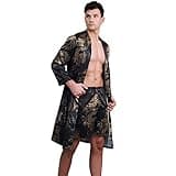 COSOSA Men's Satin Dragon Robes with Shorts Lightweight Sleepwear Long Sleeve Kimono Print Bathrobe(Gold Dragon,4XL)